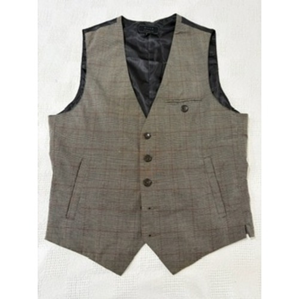 21 Men Glen Plaid Waistcoat Vest Brown Grey Plaid Mens Sz Medium Adjustable Back